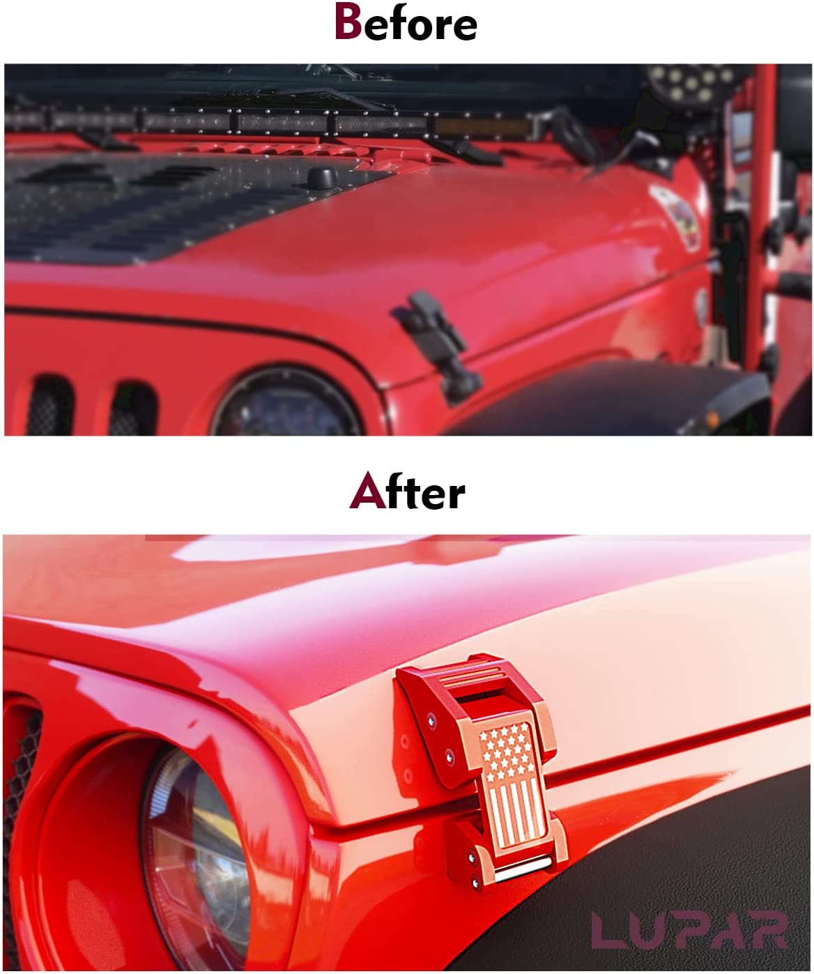 Billet Aluminum Hood Latches with Stars and Stripes Design for Jeep Wrangler JK/JL/JT (2007-2024)